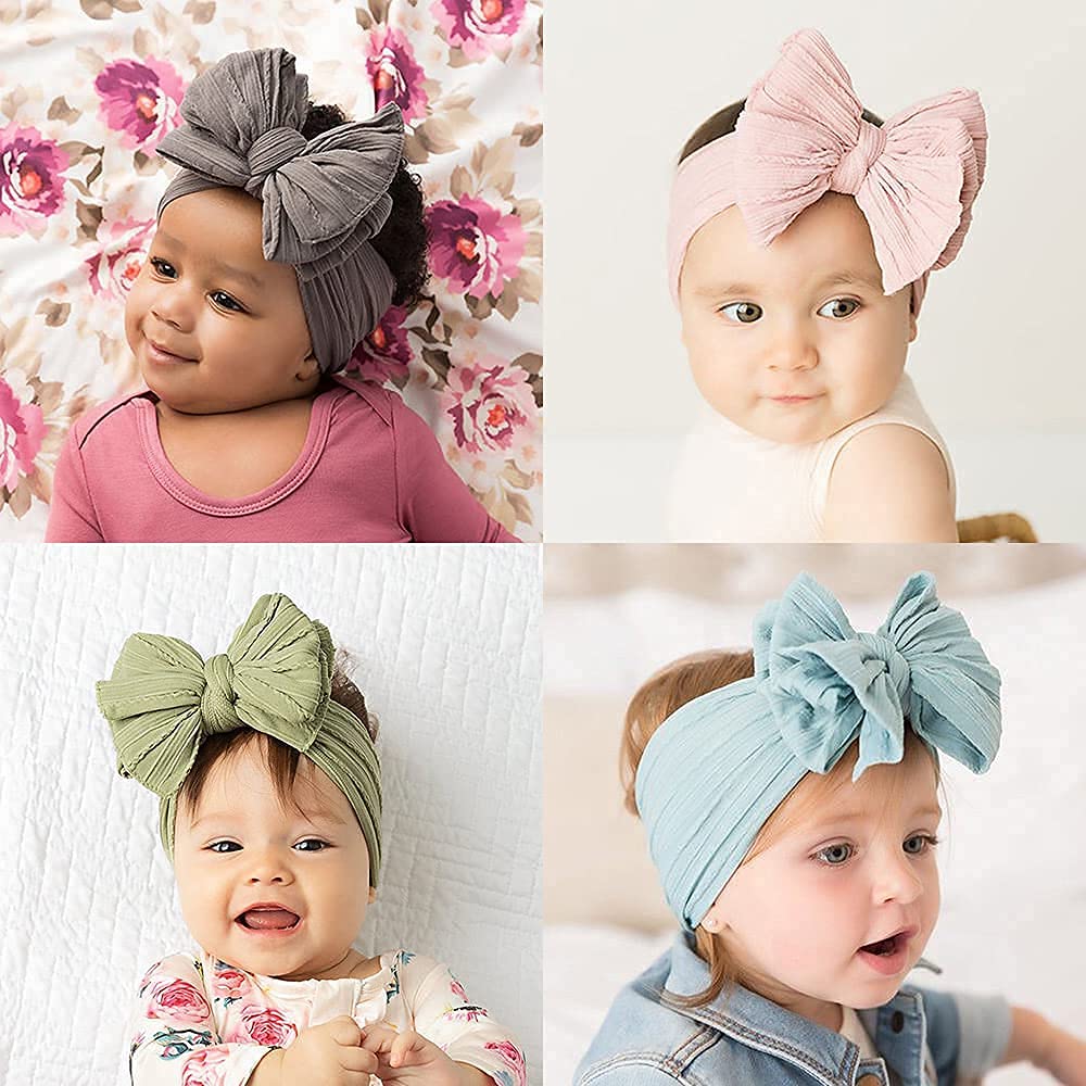 Baby Big Hair Bow Head Wrap, Turban Knotted Knitted Headbands, Soft Silk Stretchy Hair Bands 9PCS for Newborn Infant