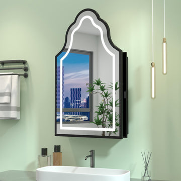 Black Lighted Medicine Cabinet with Mirror, 20''x32'' Surface or Recessed Irregular Bathroom Mirrors with Storage