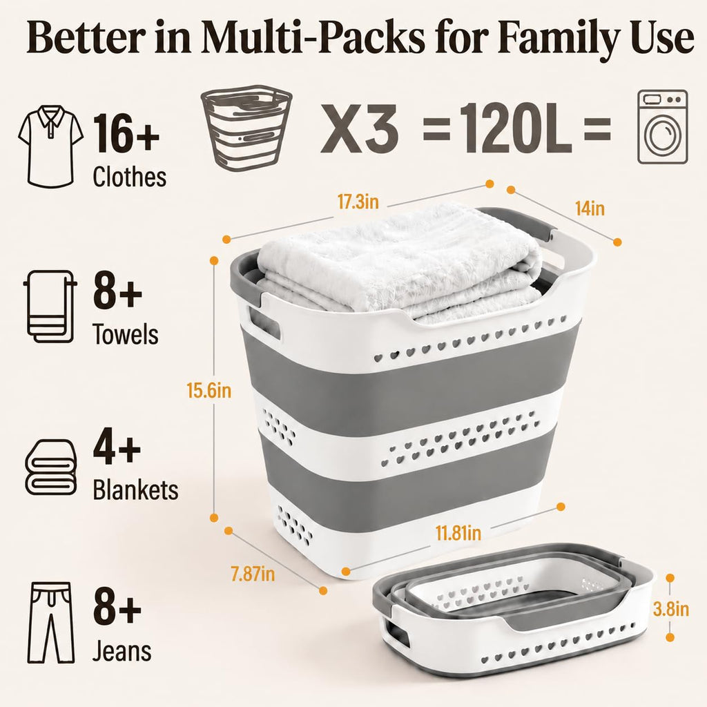 2Pcs 42L Collapsible Laundry Basket with Handle Foldable Laundry Hamper (Gery 17 Inch * 15 Inch * 14 Inch) Pop Up