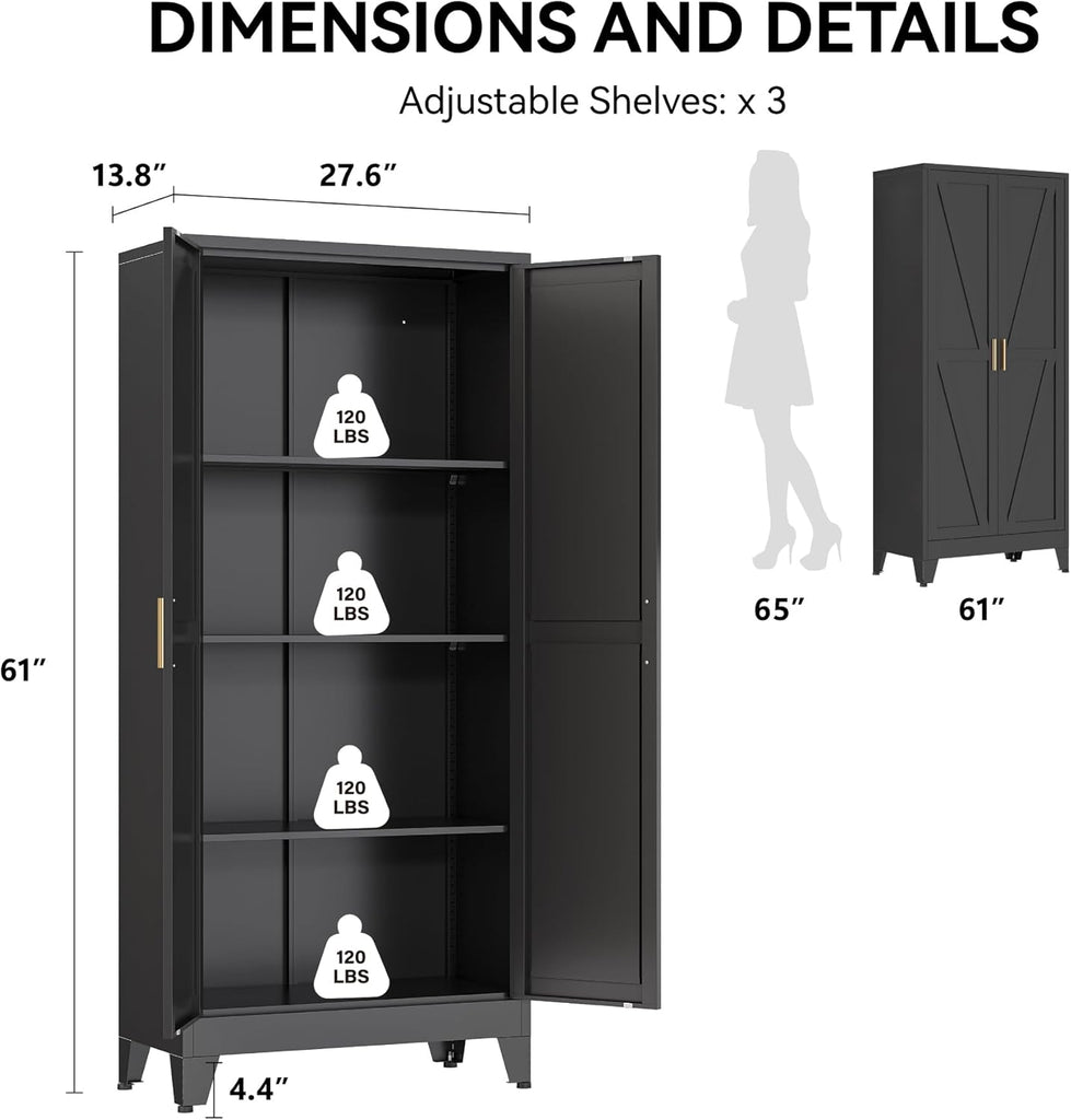 61" Metal Pantry Cabinet in Black, Modern Storage Cabinet with Adjustable Shelves, Sturdy Metal Cupboard Organization