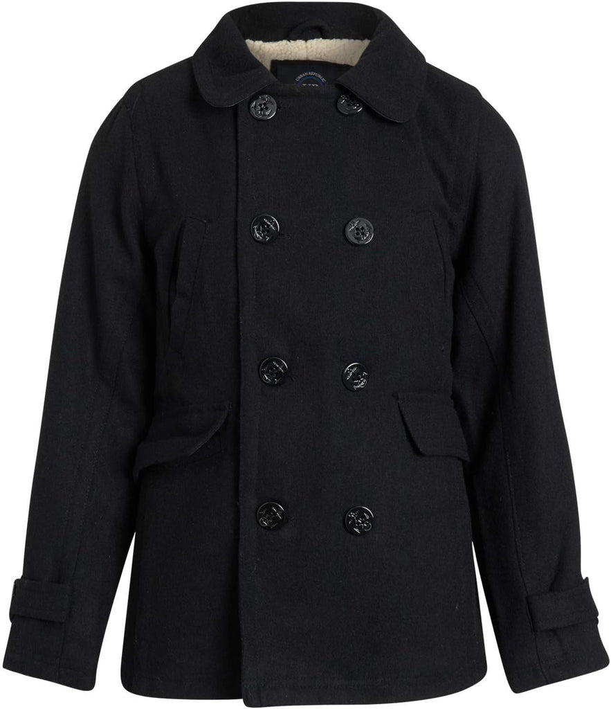 Boys Peacoats - Double Breasted Wool Blend Dress Coat with Faux Fur Lining & Flap Pockets
