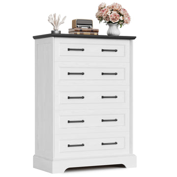 Farmhouse Dresser, 5 Drawers Dresser, White & Black
