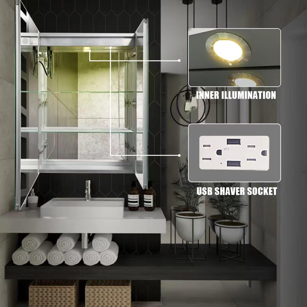 LED Medicine Cabinet, Bathroom Mirror Cabinet with Lights, 24×28inch, Equip with Internal Light, Aluminum