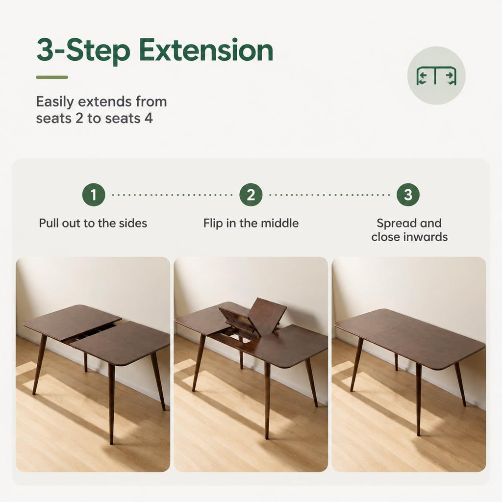 47''-63'' 100% Oak Extendable Dining Table, Solid Wood Folding Kitchen Table, Mid Century Modern Dinner Table