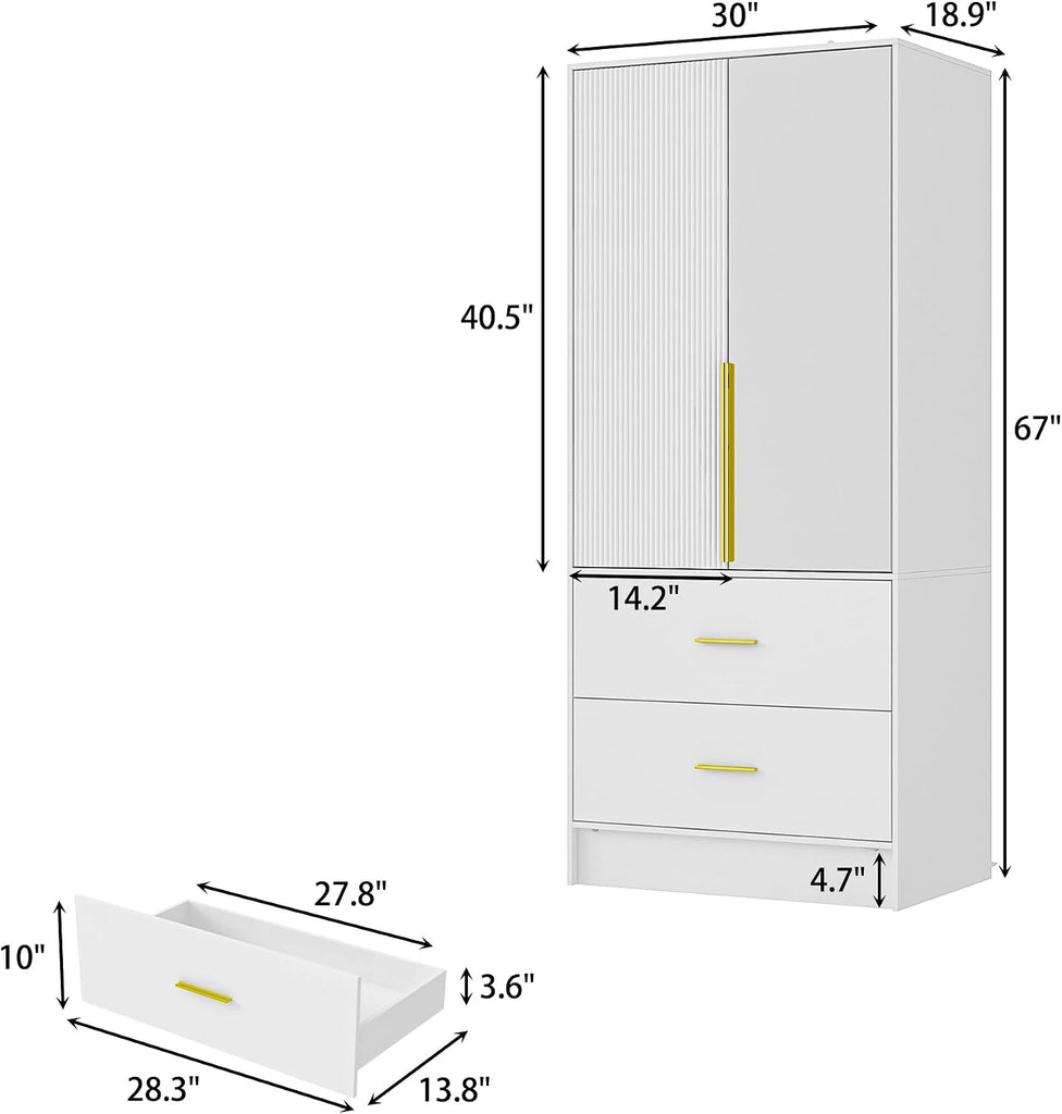 29.5" W Wardrobe Armoire with Mirror, Fluted Door & LED Light, Wooden Closet Storage Cabinet with Hanging Rod, 2