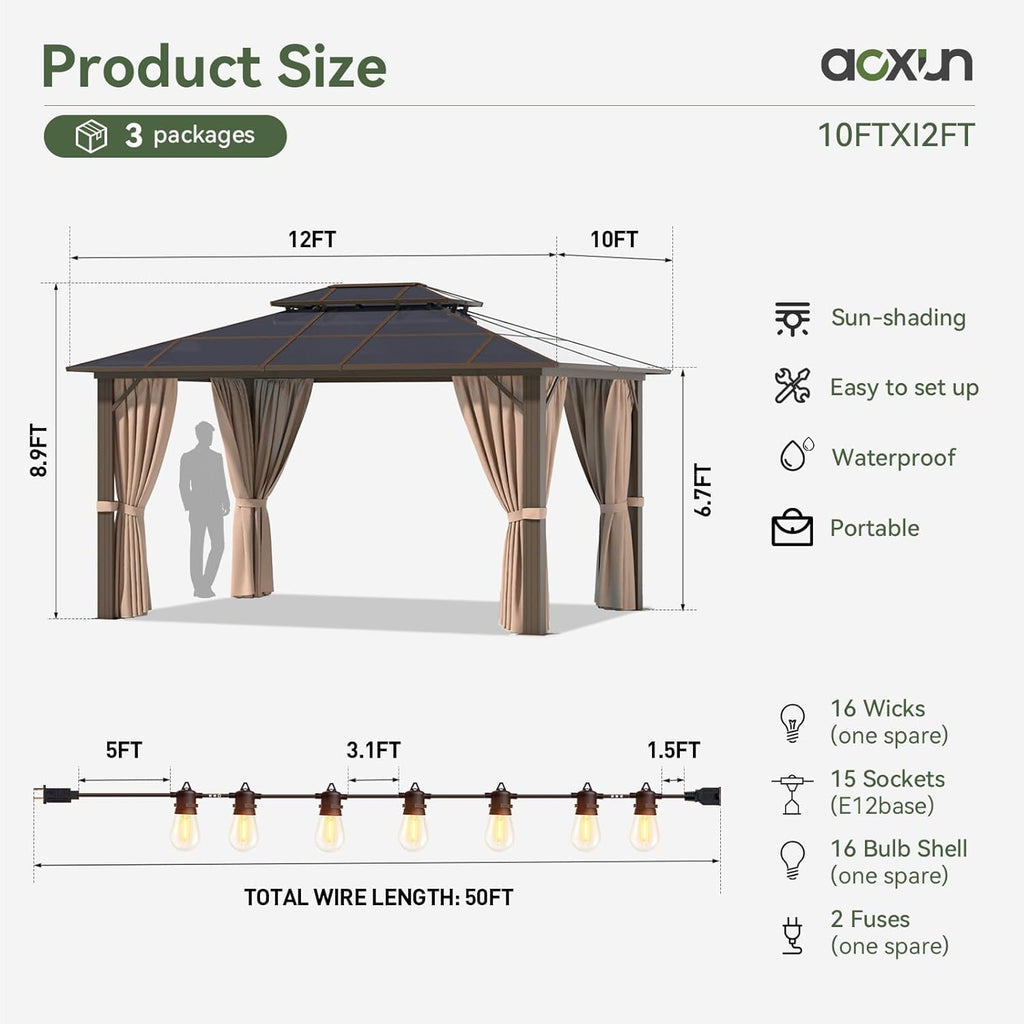 10'x12' Hardtop Gazebo, Metal Frame Permanent Pavilion with Light, Curtains and Netting, Outdoor Polycarbonate