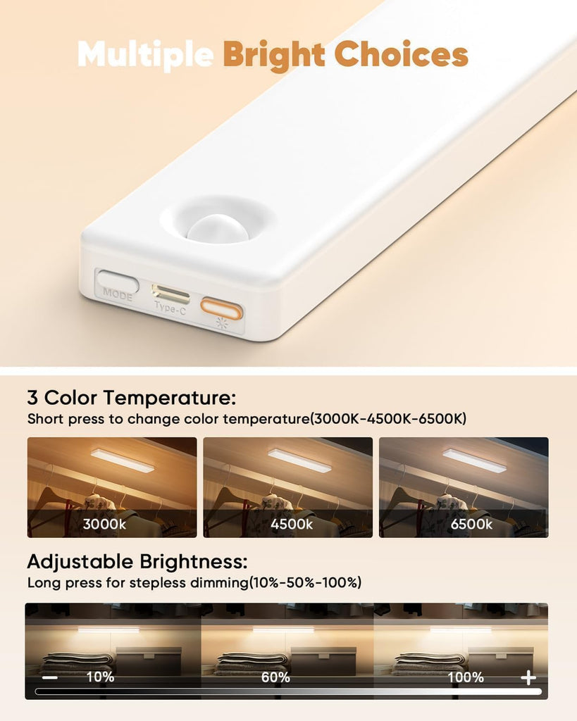 6 Pack 13inch Under Cabinet Lighting, 3 Color Temperatures Motion Sensor Light Indoor, USB Rechargeable Battery