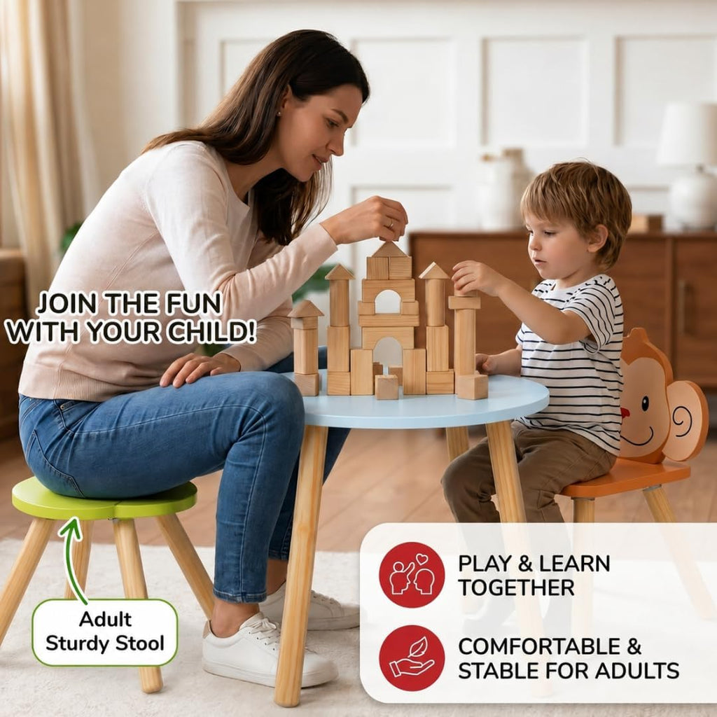 Kids Wooden Animal Table & Chair Set w 4 Seats- Monkey Lion & Elephant