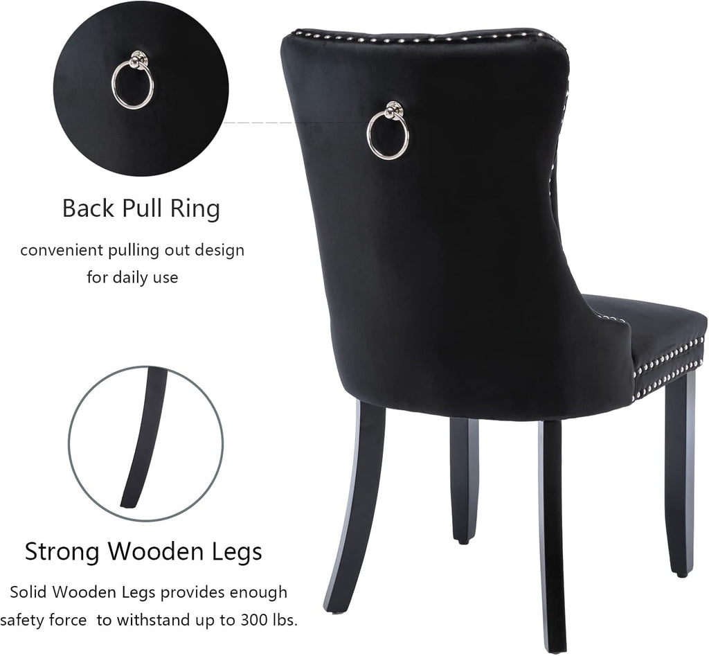 Black Velvet Dining Chairs Set of 4, Upholstered Dining Room Chairs with Back Ring Pull Trim and Solid Wood Legs