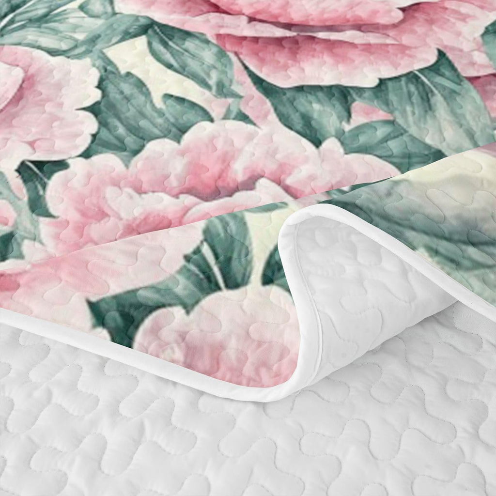 Pink Peonies Quilt Set Vintage Flowers Bedspread Garden Leaves Floral Coverlet for All Season Farmhouse