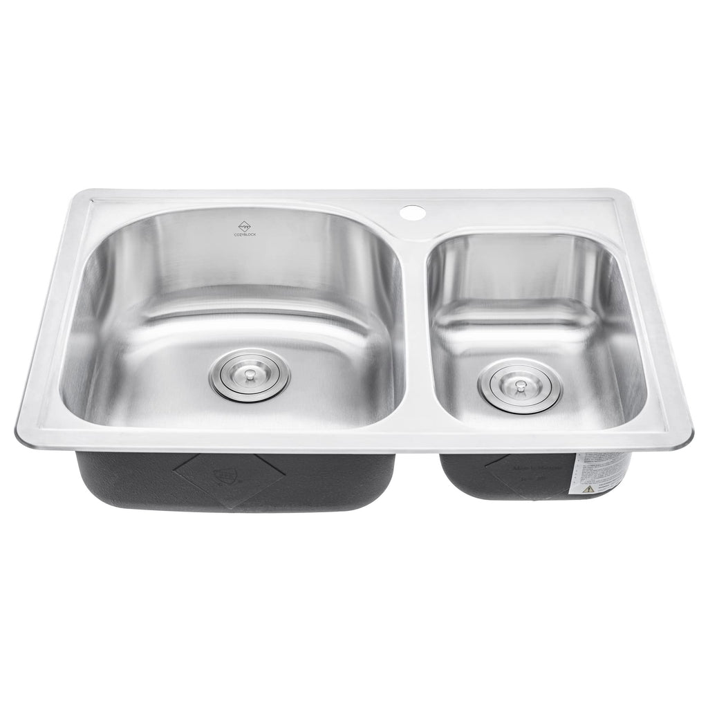 CozyBlock 33" x 22" 70/30 Double Bowl Drop- Sink with Strainer