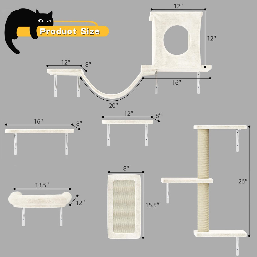 Cat Wall Shelves, 6 Pcs Luxury Wall-Mounted Cat Climber Set, Beige