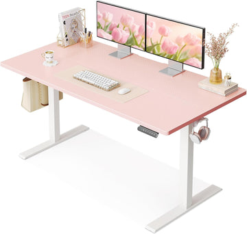 48" Pink Electric Standing Desk Height Adjustable | 3 Memory Presets, Rear Cable Notch, Dual Side Hooks, Stand Up