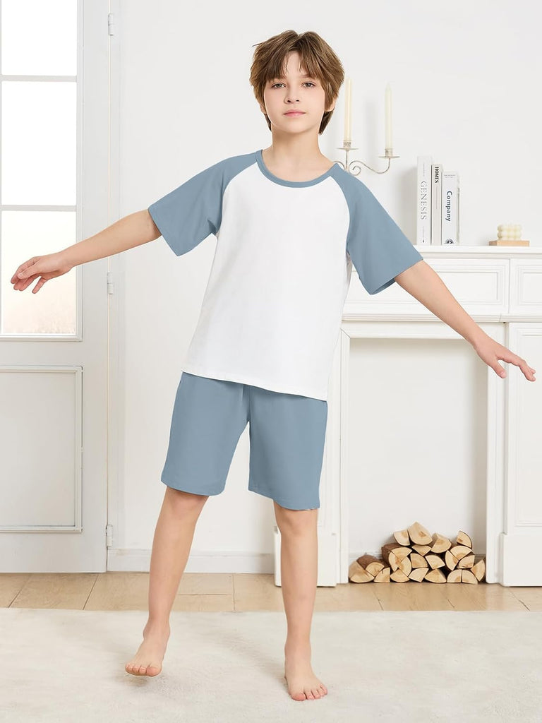 Boys Pajamas Set Two Piece Cotton Sleepwear Kids Short Sleeve Top and Shorts PJS Set with Pockets