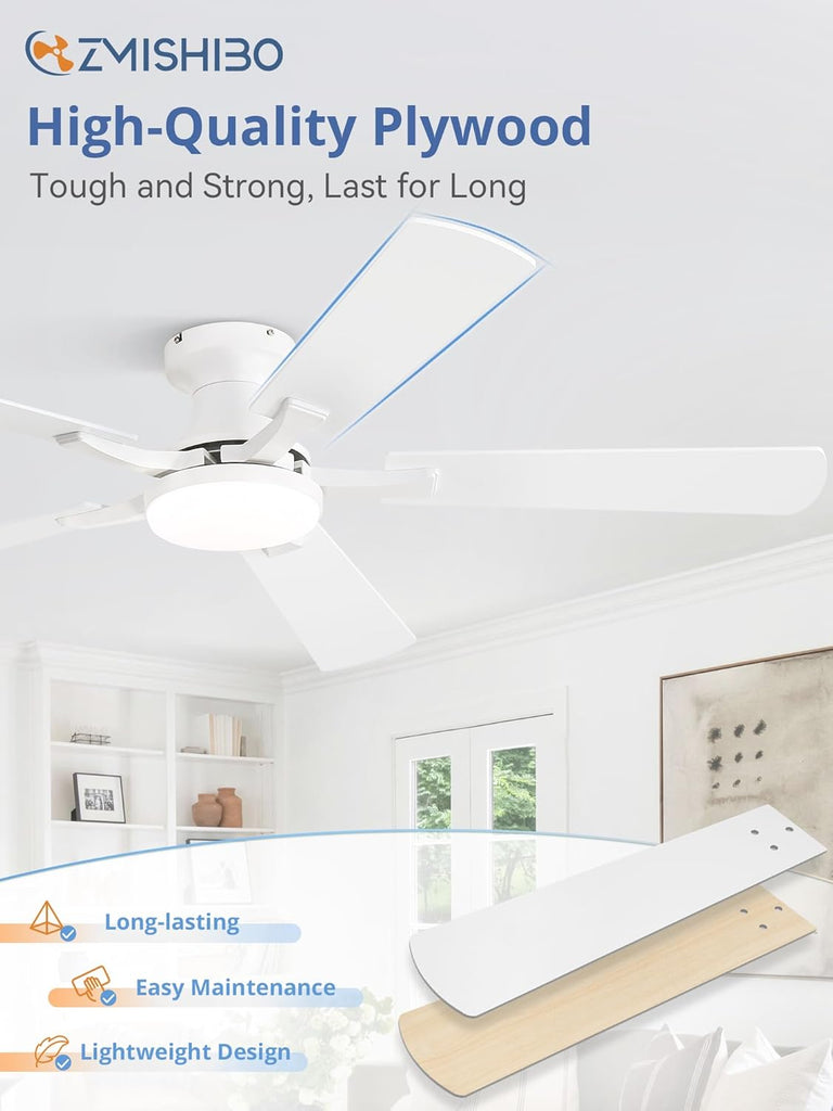 52 Inch Ceiling Fan with Light, App&Remote Control, Flush Mount Low Profile, Dimmable 20W LED Light, Quiet Reversible Motor for Bedroom, Living Room, Apartment, White A101-B0DPH9L7M1