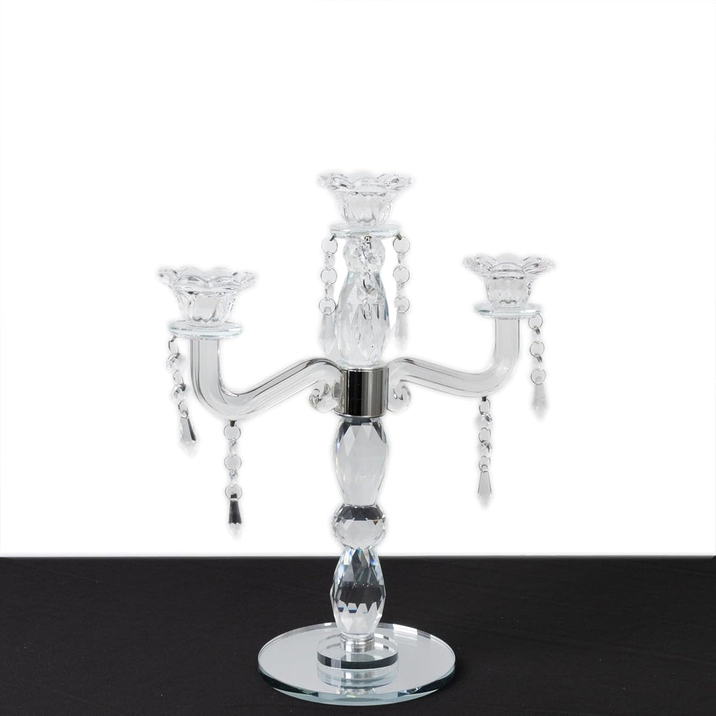 Crystal 3-Arm Candelabra Taper Candle Holder with Hanging Prisms & Round Mirror Base - Faceted Cut Glass Design - 14"