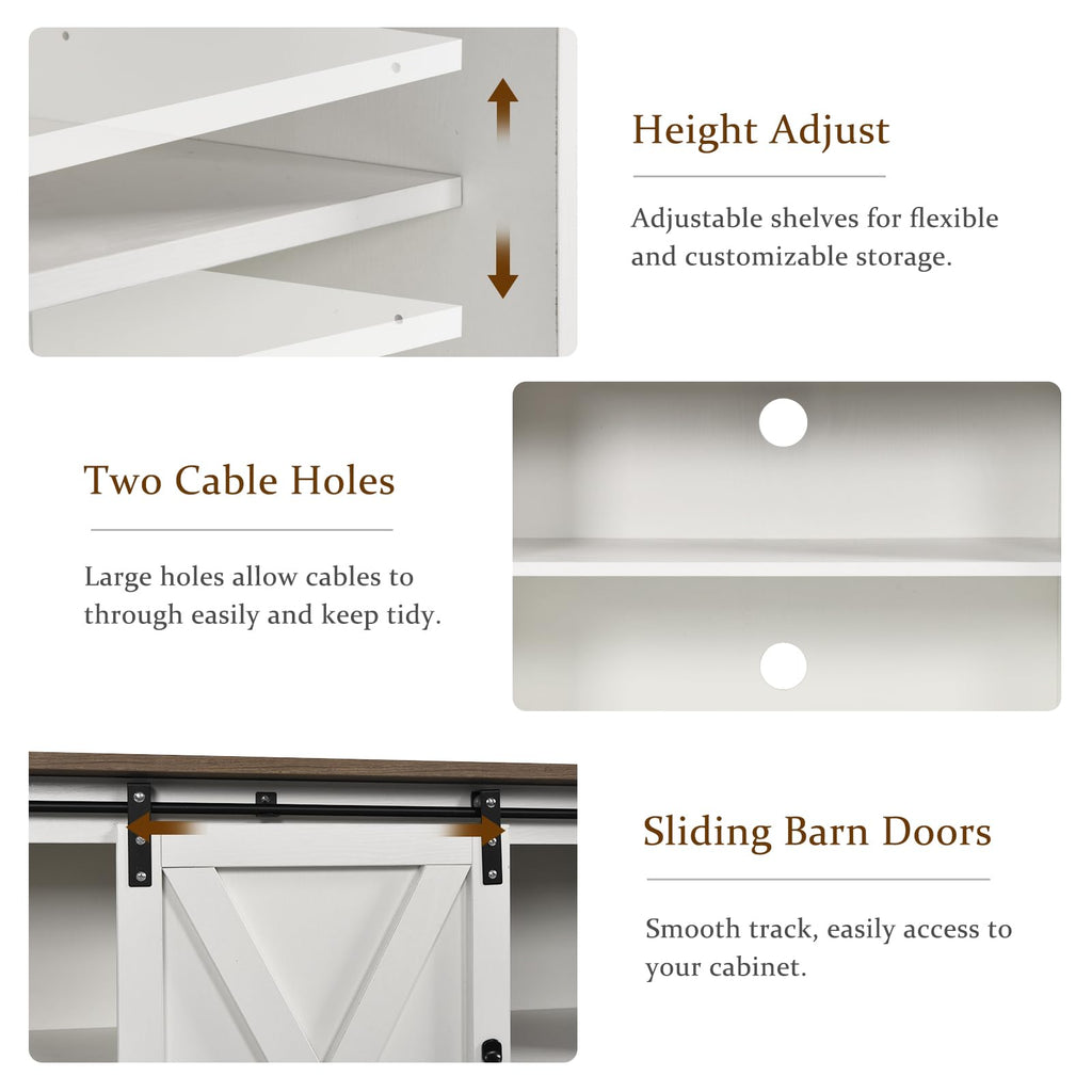 Farmhouse TV Stand for 65 Inch TV, Sliding Barn Doors, White