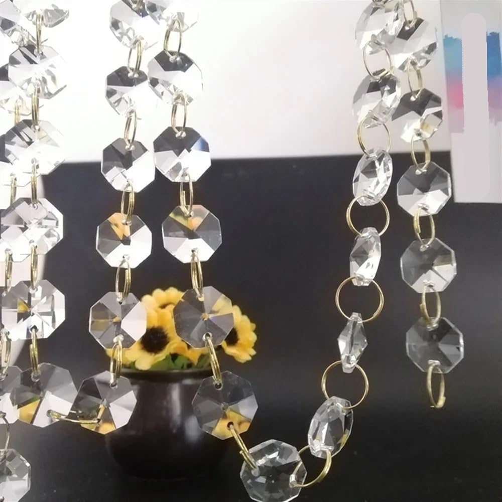 Hanging Crystals Prisms 100cm/3.3ft (Gold Ring) Clear 14mm Crystal Octagonal Beads Chain Garland Chandelier Lamp Part