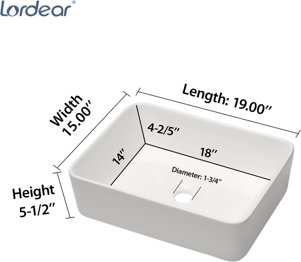 Vessel Sink Rectangle 19 Inch Bathroom Sink,Rectangular Modern Above Counter Bathroom Sinks White 19x15 Inch Porcelain Ceramic Vessel Vanity Sink Art Basin A131-B07H67P6MM