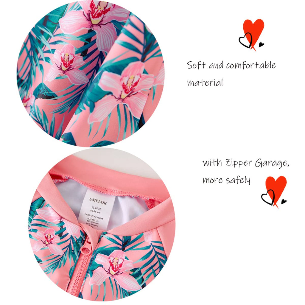 Baby Girls Swimwear Sets One Piece Rash Guard Swimsuit with Sun Hat (Pink, Tropical jungle )