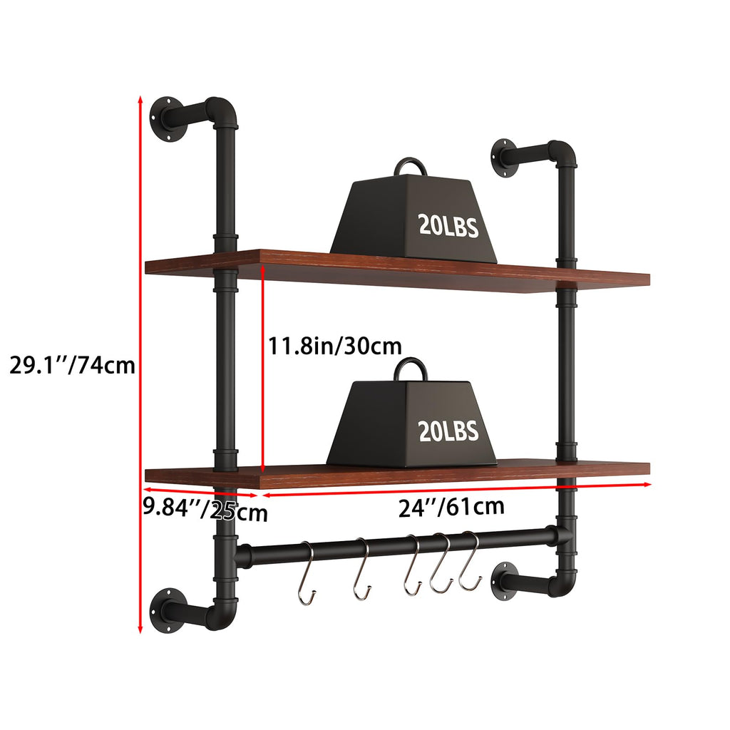 Industrial Pipe Shelving Wall Mounted, Pipe Shelves with Planks(2 Tier 24In)