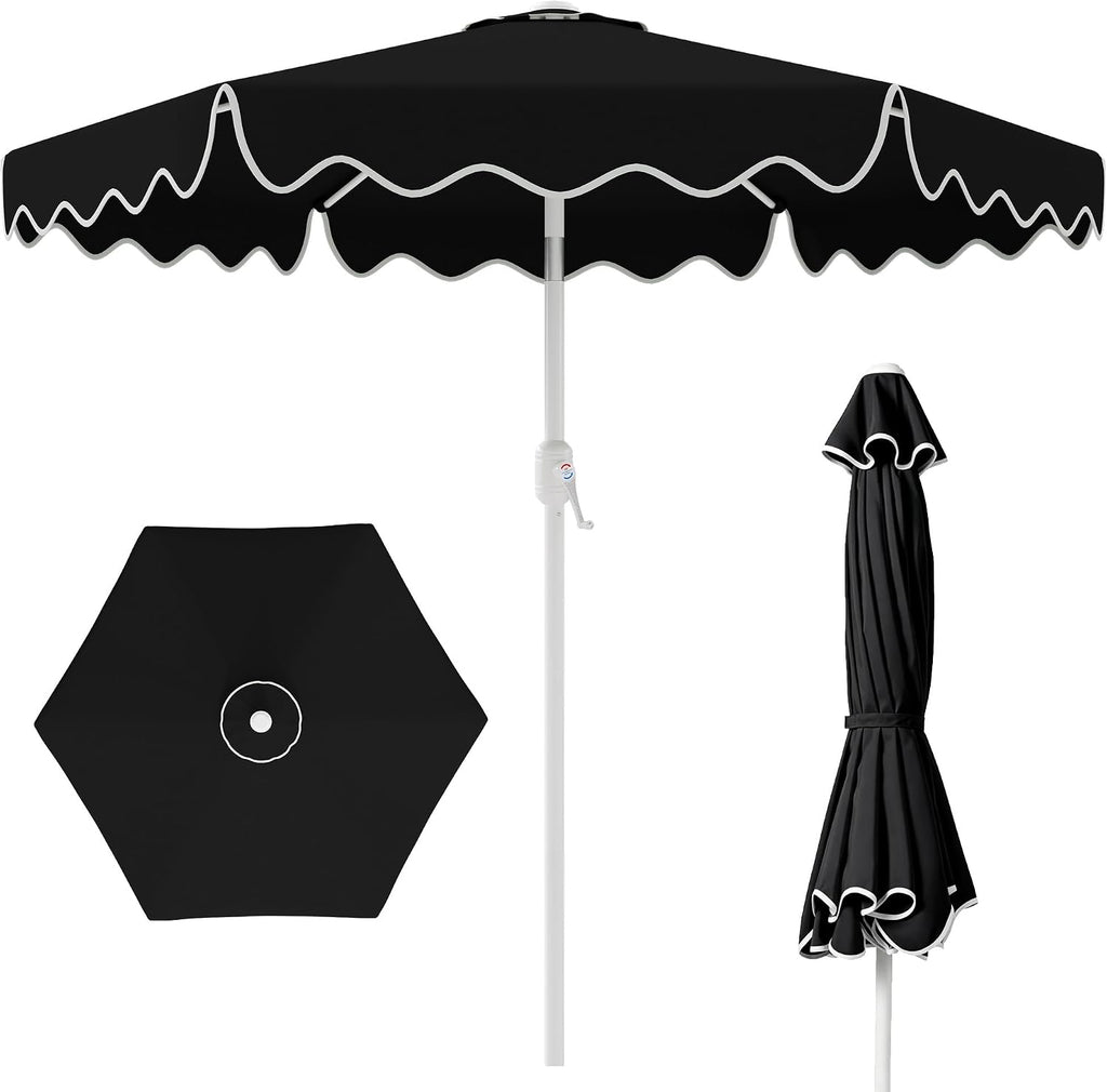 Patio Umbrella with Wavy Trim, UV-Fade-Resistant Canopy, Crank & Tilt - Black 9ft