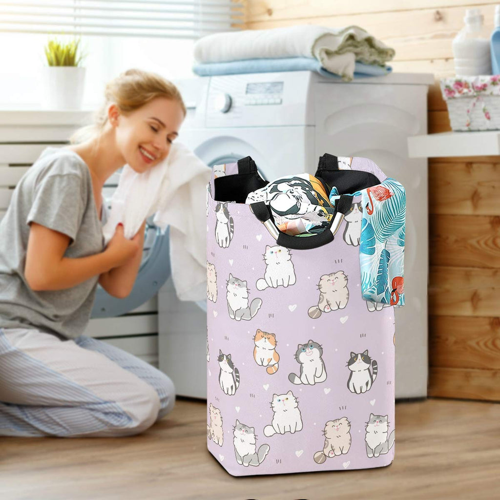 Purple Cat Laundry Basket Collapsible Large Clothes Hamper Nursery Storage Bin with Handle, Kids Room