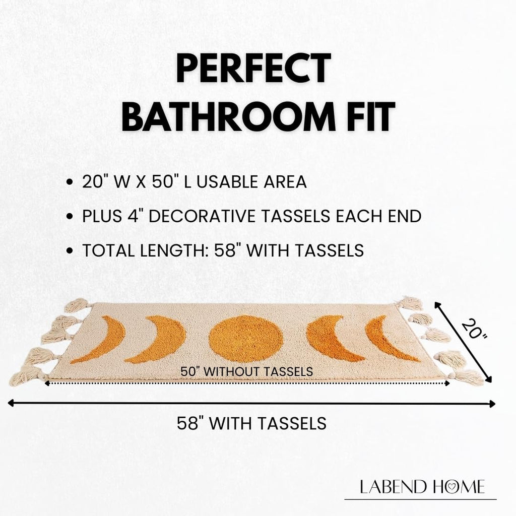 Moon Phase Boho Bathroom Runner - Soft Washable Bath Mat with Tassels - Non-Slip Microfiber - Orange Beige - 20x58 in