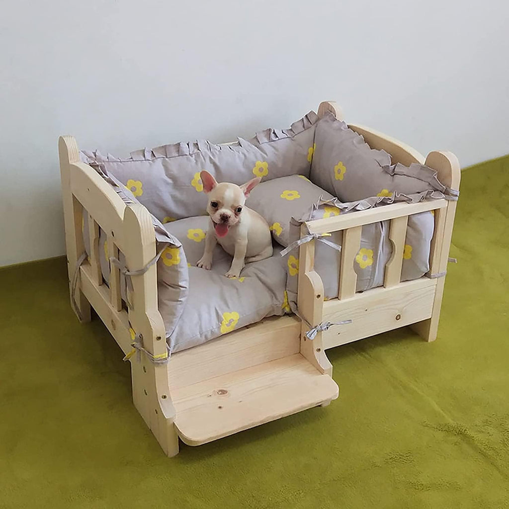 Elevated Pet Sofa Bed with Grey Cushion Set - Wooden Dog Bed for Medium & Small Dogs - Pet Cat Dog Bed - Wooden Pet