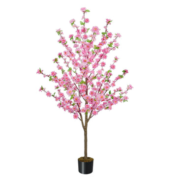 5FT Artificial Cherry Blossom Tree Faux Pink Tree Silk Sakura Tree with Plastic Moss Pot Artificial Trees Decor