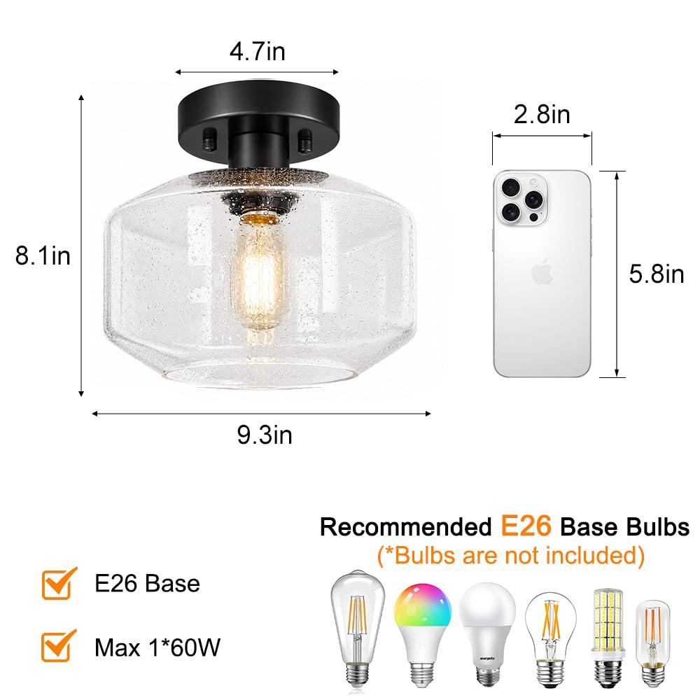 Black Semi Flush Mount Ceiling Light, Vintage Small Ceiling Light Fixture, Hallway Lighting Fixture with Bubble