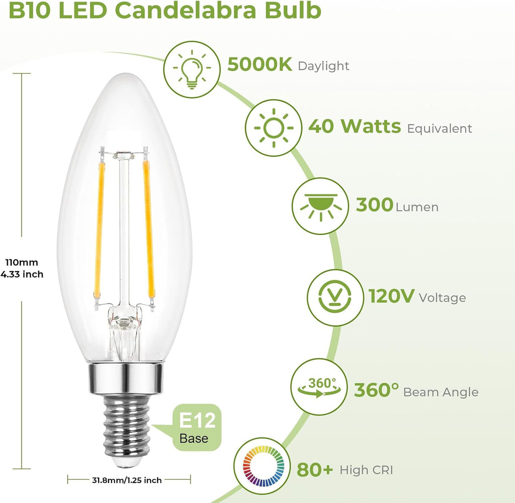 E12 LED Candelabra Bulb 40 Watt Equivalent, Dimmable Chandelier Light Bulbs 5000K Daylight, B10 Candle Bulbs for