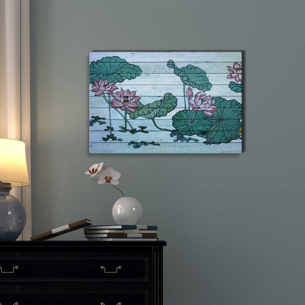 Illustration of Water Lilies on a Pond Over Blue Wood Panels - Canvas Art Home Art - 12x18 inches