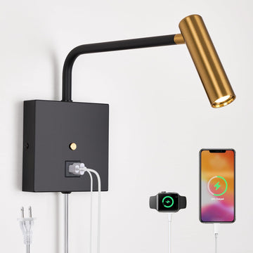 LED Wall Lamp Wall Mounted Reading Lights, Dimmable Adjustable Headboard Plug in Wall Sconce with USB C+A Ports