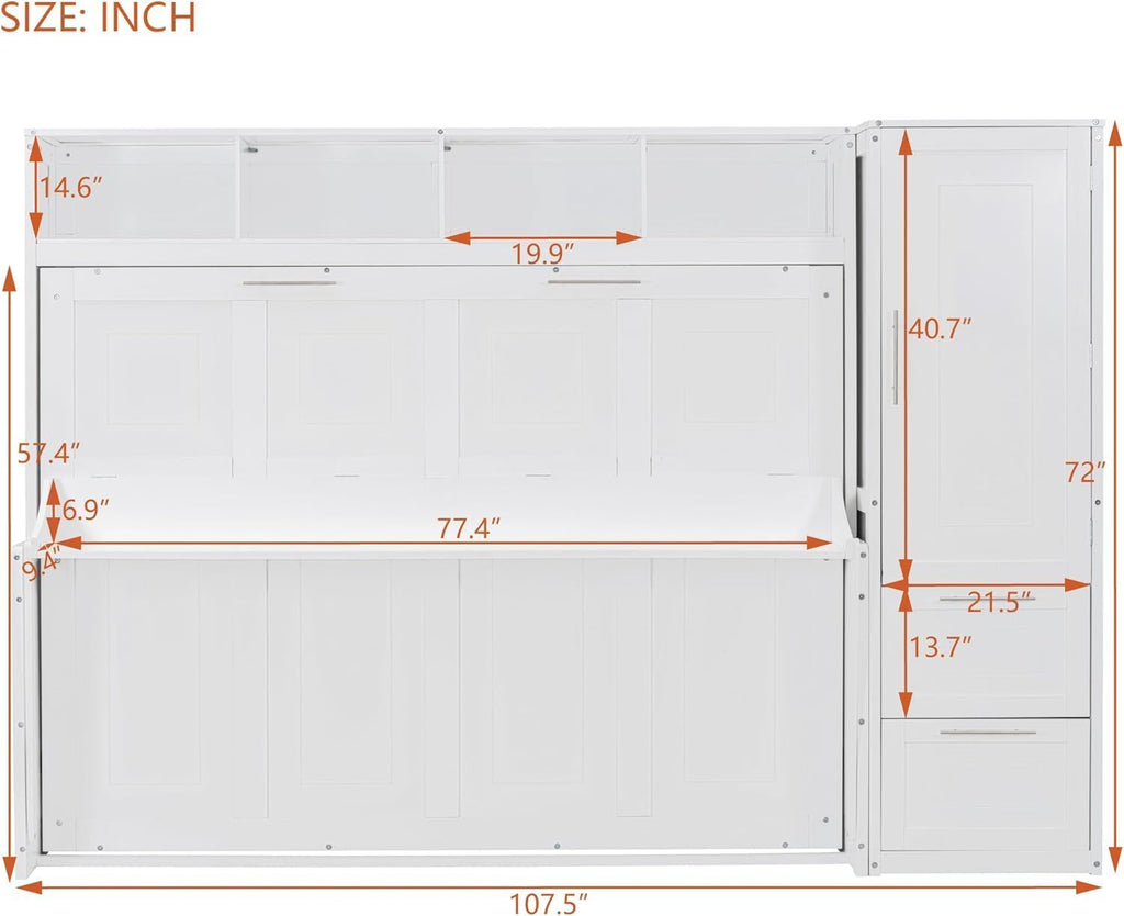 Full Horizontal Murphy Bed with Wardrobe Closet,2 Drawer,4 Storage Open Shelves,Wood Folding Murphy Wall Bed Cabinet
