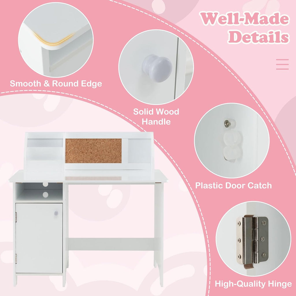 Kids Desk and Chair Set, Wooden Children School Study Table and Chair w/Whiteboard, Hutch, Storage Shelves, Student