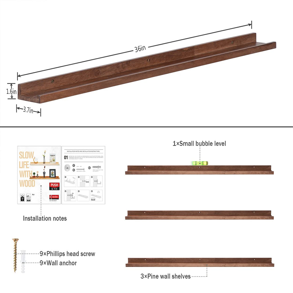36 Inch Picture Ledge Shelf Rustic Wall Mount Light Walnut Long Narrow Picture Shelves Storage for Books Music Albums