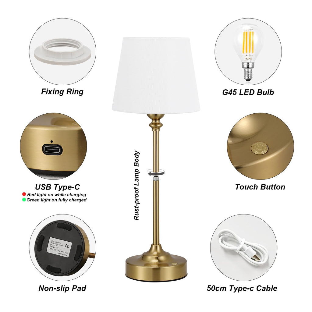 Cordless Table Lamps Rechargeable Set - 2 Pack Gold 4000mAH Battery Operated Lamps for Decor, 3000K Stepless Dimming
