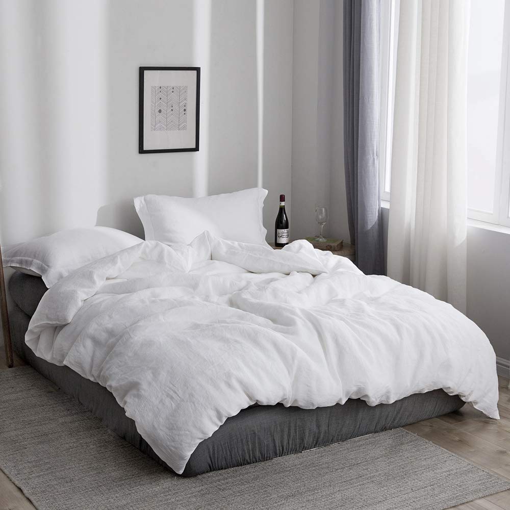 100% Linen Duvet Cover Set 3pcs Basic Style Natural French Washed Flax Solid Color Soft Breathable Farmhouse Bedding