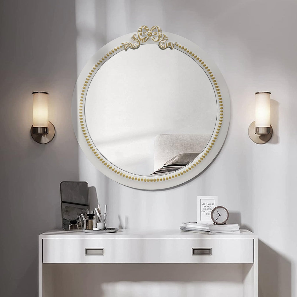 Vintage Round Bow Mirror: 28inch Farmhouse Bathroom Mirror with White Wooden Framed for Wall Decor - Traditional