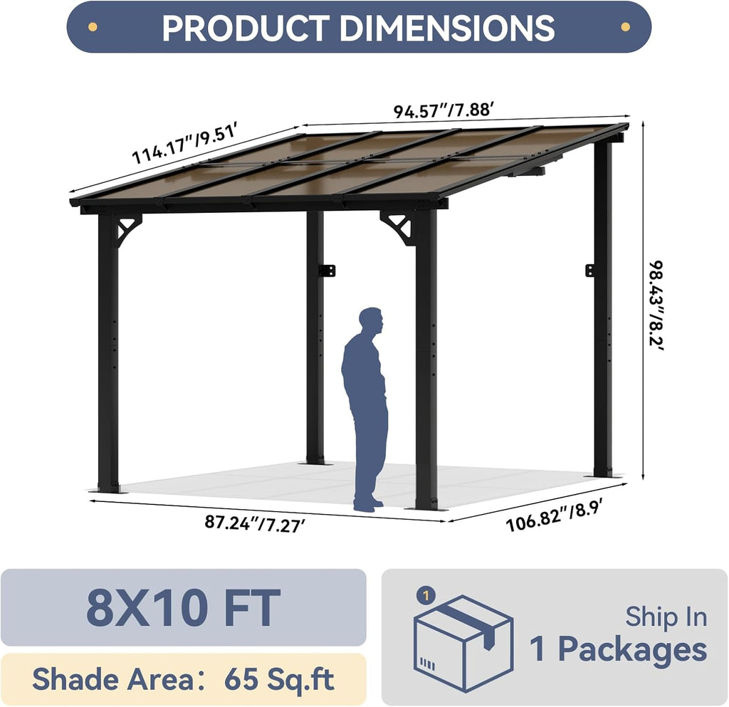 8x10FT Lean to Gazebo, Hardtop Metal Pergola with Polycarbonate Roof, Large Wall Mounted Heavy Duty Awnings