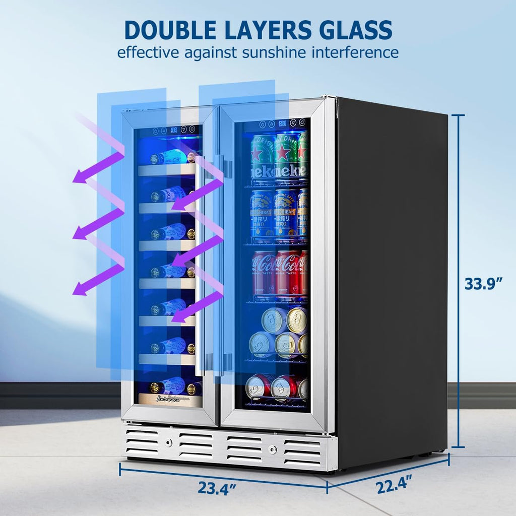 Wine and Beverage Refrigerator, 24 inch Wine Fridge Dual Zone Hold 21 Bottles an