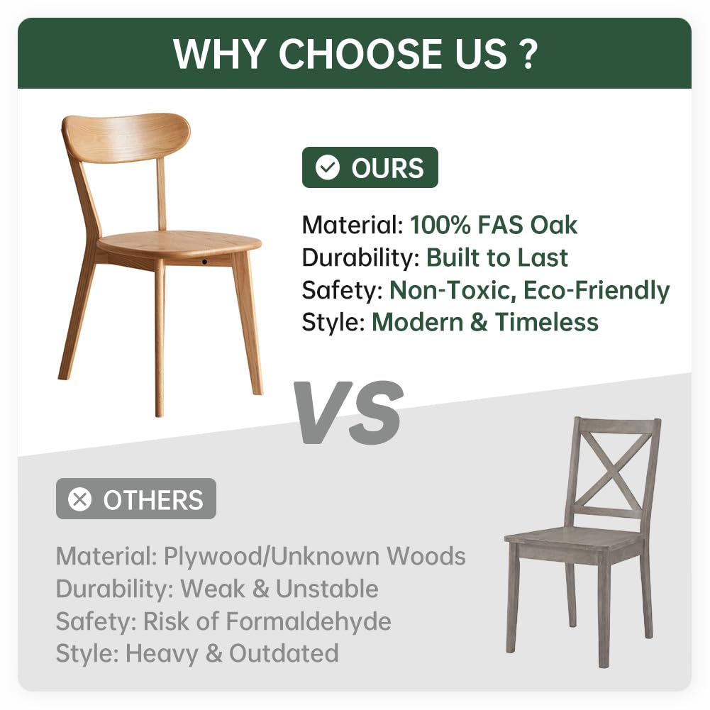 Oak Dining Chairs Set of 4, 100% Solid Wood Kitchen Chairs with Curved Backrest, Mid Century Modern & Farmhouse Side