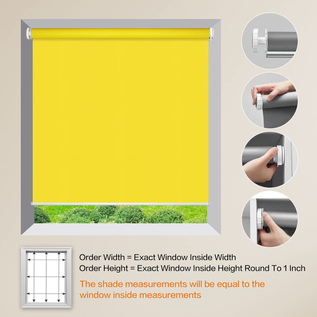 No Drill Inside Mount Blackout Roller Shades, Yellow Custom No Tools Tension Window Blinds, Easy Install Waterproof