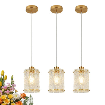 Gold Water Ripple Glass Pendant Lights 3-Pack, Luxury Handcrafted Textured Glass Hanging Fixtures with Adjustable