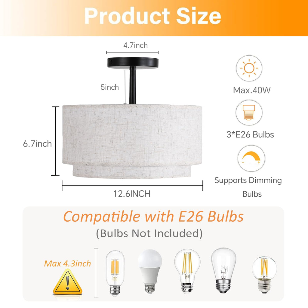 12.6inch Flush Mount Ceiling Light Fixture, 3-Light Modern Close to Ceiling Light with 2-Layer Linen Fabric