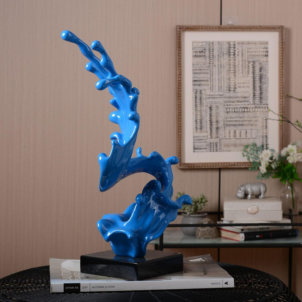 Modern Sculpture Abstract Sea Wave Figurine Home Art Decor 16.1Inch | Blue Resin Handmade Statue with Black Base