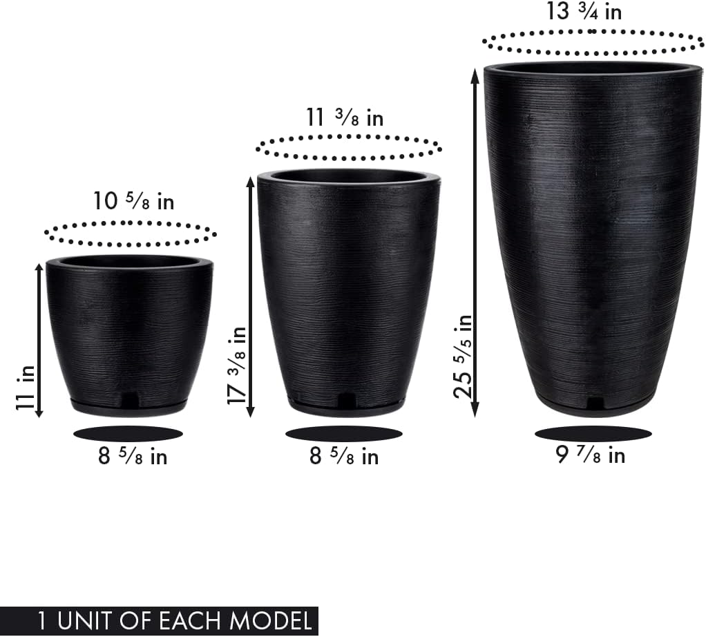 Set of 3 Black Planters for Indoor Outdoor Plants, 11/17/25 Inch Plant Pots with Drainage Hole and Saucer and Front