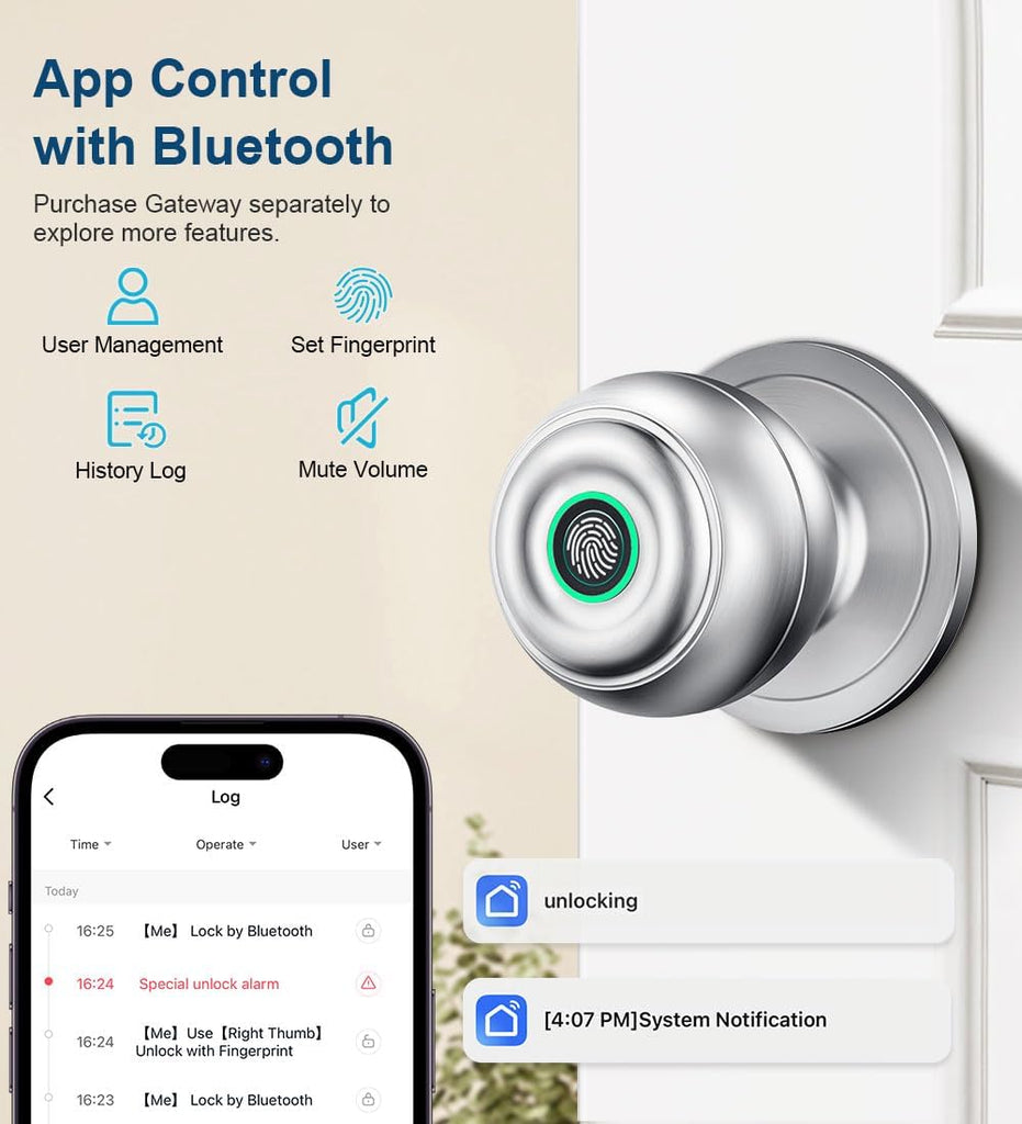 Fingerprint Door Lock, Smart Fingerprint Door Knob with Lock, Silver