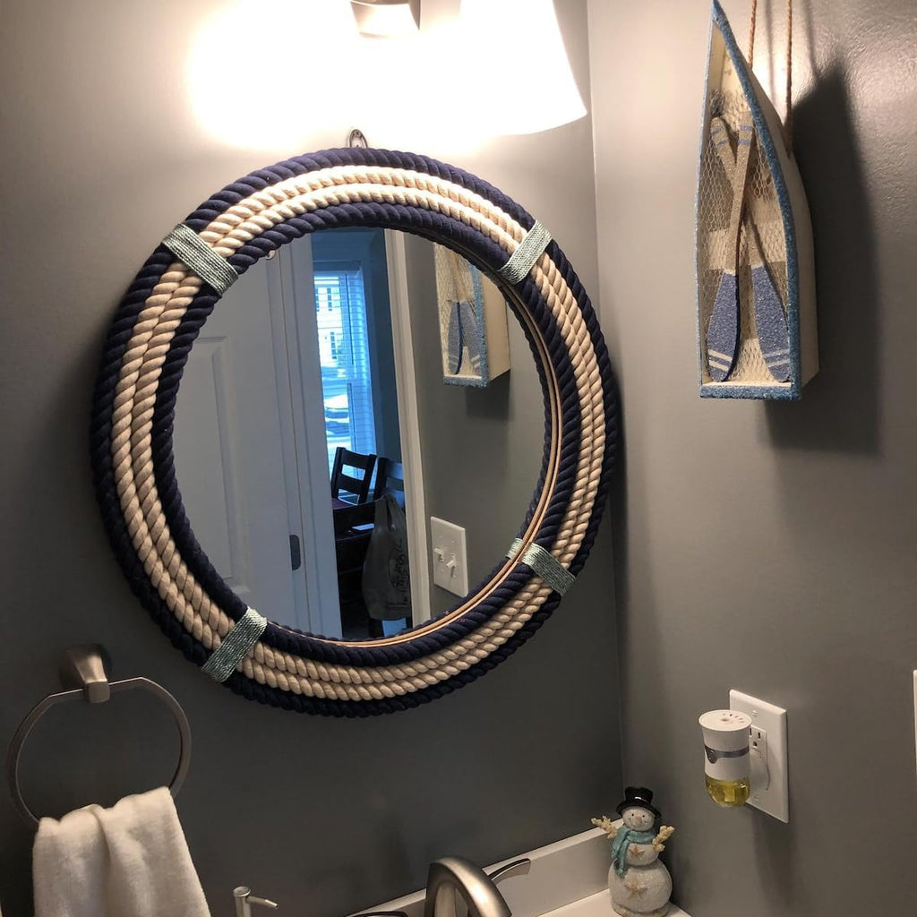 Nautical Round Rope Mirror - White Twisted Rope wall Hanging Mirror, Rustic Boho & Coastal Farmhouse Décor, or